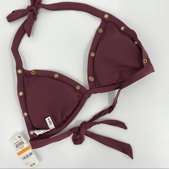 Bar III Ribbed Grommet Halter Triangle Bikini Swim Top Burgundy Size Small NEW - Picture 5 of 11